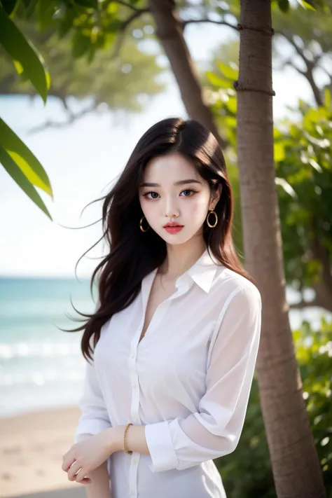 (pquality:1.5),pureface, 1lady, sexy, dress shirt,white button shirt, beach,large breasts,, Lipstick,bracelets