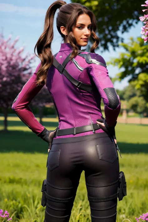 katebishop, brown hair,ponytail, brown eyes, purple outfit, black pants, gloves, looking back at viewer, serious,smirk, from_behind, hand on hip, ass, outside, park, trees, field, flowers, blue sky, high quality, masterpiece  <lora:KateBishopFNLoRA:.8>