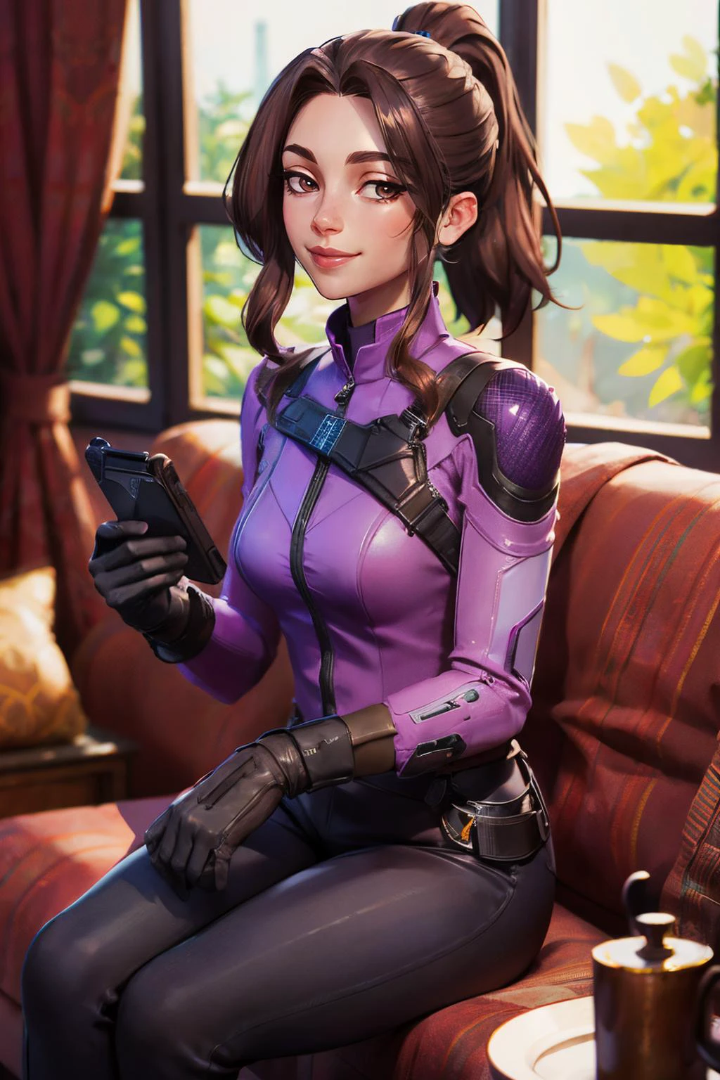 katebishop, brown hair,ponytail, brown eyes, purple outfit, black pants, gloves, looking at viewer, smiling, sitting, on sofa, holding cell phone, inside cozy living room, window, sunny, high quality, masterpiece <lora:KateBishopFNLoRA:.7>
