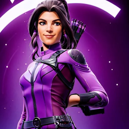 a woman aiming with a bow, dynamic pose, full body<lora:KateBishopFNLoRA:1> katebishop, with, brown, long, hair, ponytail, and, purple, outfit, arrows, bow, beautiful eyes, beautiful girl, high detail skin, high detail eyes, high detail hair, highres, ultra detailed, horny smile, Highly detailed,masterpiece, best quality