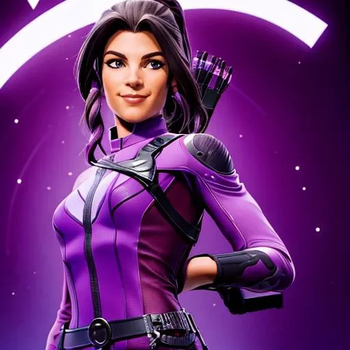 a woman aiming with a bow, dynamic pose, full body<lora:KateBishopFNLoRA:1> katebishop, with, brown, long, hair, ponytail, and, purple, outfit, arrows, bow, beautiful eyes, beautiful girl, high detail skin, high detail eyes, high detail hair, highres, ultra detailed, horny smile, Highly detailed,masterpiece, best quality