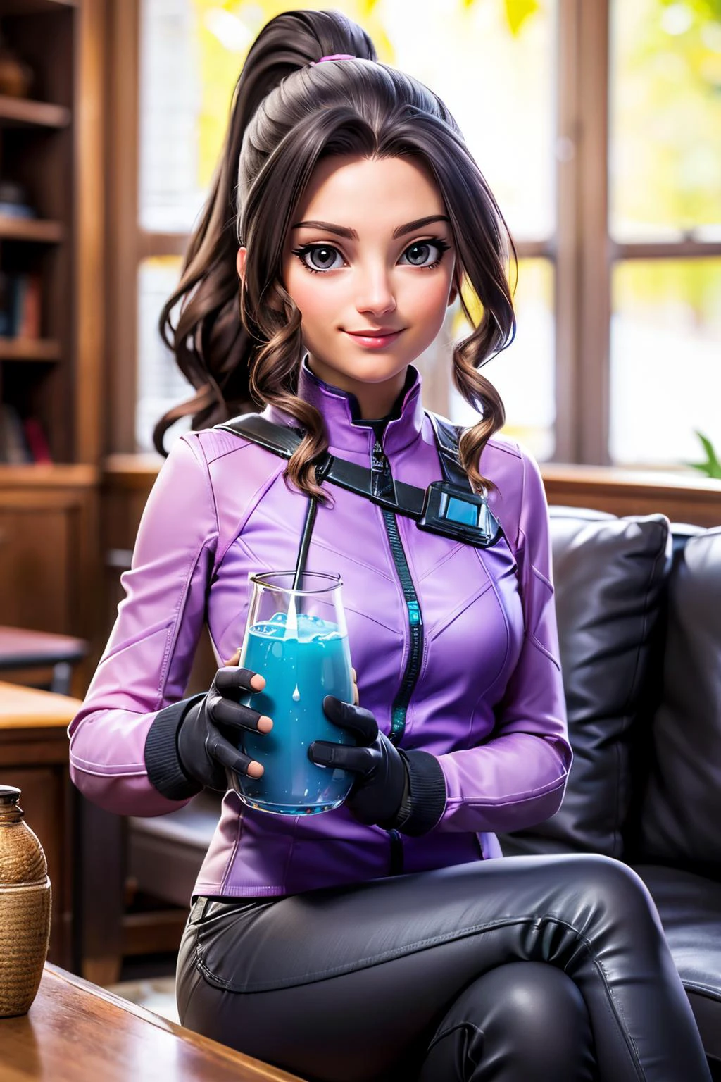 katebishop, brown hair,ponytail, brown eyes, purple outfit, black pants, gloves, looking at viewer, serious, smiling, sitting, on sofa, inside living room, holding jar full of blue liquid, high quality, masterpiece <lora:KateBishopFNLoRA:.8>