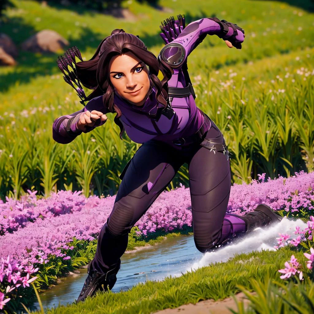 a woman aiming with a bow, dynamic pose, full body, on a open grass field<lora:KateBishopFNLoRA:1> katebishop, with, brown, long, hair, ponytail, and, purple, outfit, arrows, bow, beautiful eyes, beautiful girl, high detail skin, high detail eyes, high detail hair, highres, ultra detailed, horny smile, Highly detailed,masterpiece, best quality