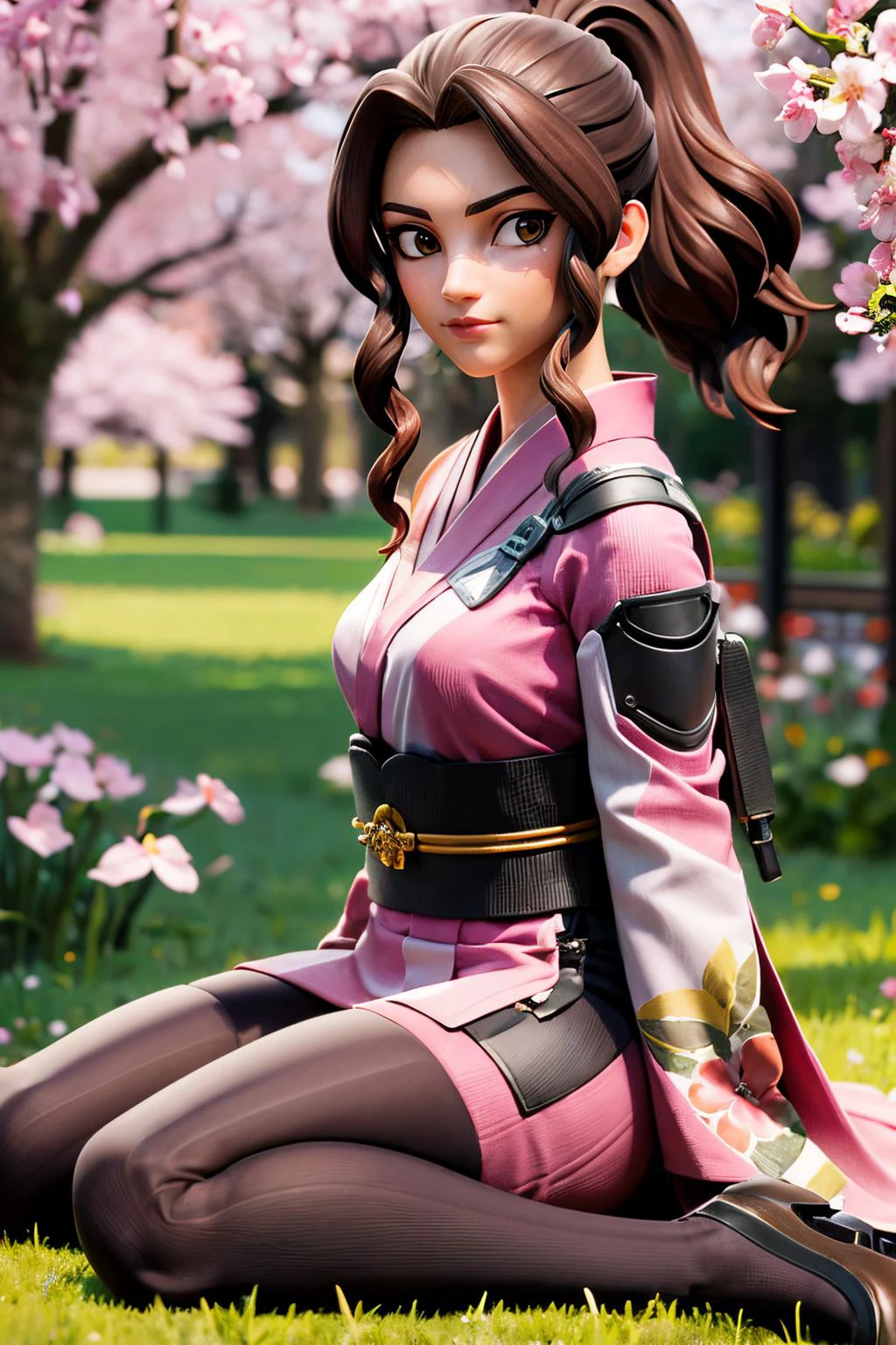 katebishop, brown hair,ponytail, brown eyes,traditional kimono, sash, looking at viewer, serious, sitting, wariza, outside, garden, cherry blossom, sunny, grass, high quality, masterpiece <lora:KateBishopFNLoRA:.8>