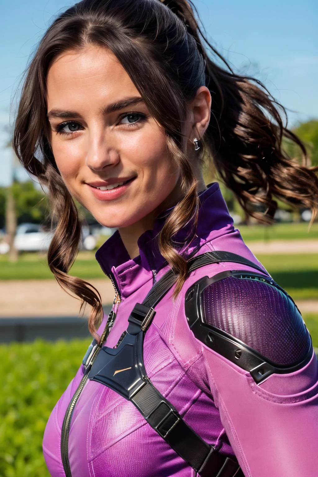 katebishop, brown hair,ponytail, brown eyes,purple outfit, looking at viewer, smiling, close up, outside, park, field, blue sky, high quality, masterpiece <lora:KateBishopFNLoRA:.8>