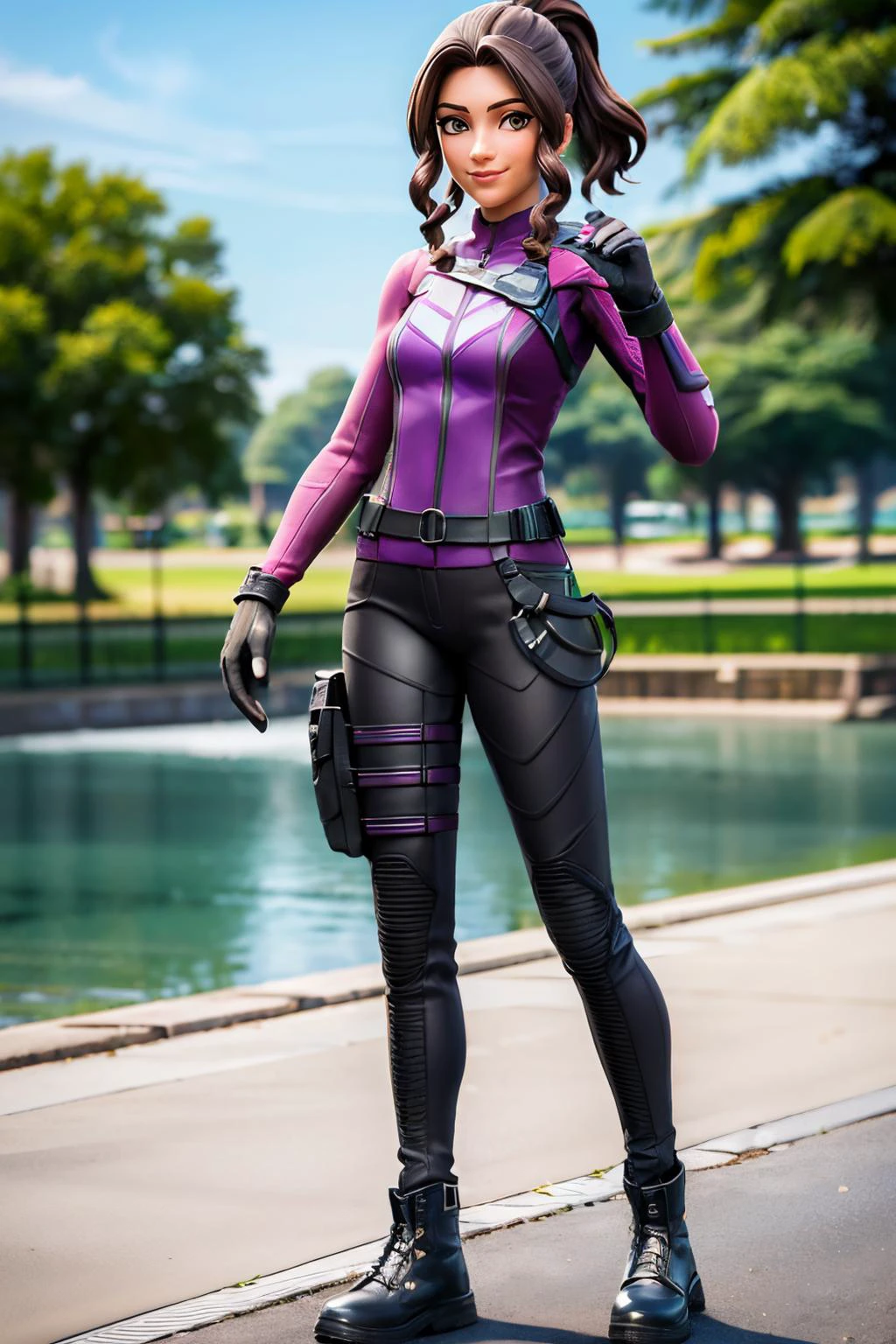 katebishop, brown hair,ponytail, brown eyes, purple outfit, pants, gloves, looking at viewer, smiling, full body shot, standing, outside, park, lake, trees, blue sky, high quality, masterpiece <lora:KateBishopFNLoRA:.8>