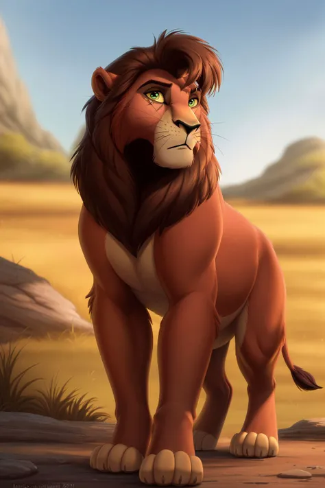 <lora:kovu-07:1>, kovu, yellow sclera, green eyes, (pose:1.3), (posing:1.3), (soft shading), 4k, hi res, five fingers, detailed hands, ((detailed face, (detailed eyes:1.3), detailed)), (full body), by zackarry911, by zaush, (by personalami:0.5), solo, looking at viewer, 1boy, upper body, male focus, outdoors, blurry, blurry background, frown, scar, meme, whiskers, feral