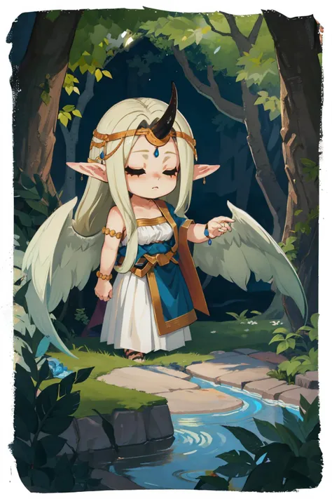 masterpiece, best quality, mila, single_horn, dragon tail, wings, jewelry, dress, bracelet, circlet, standing, forest, glow, muted colors, closed eyes <lora:milaV1:0.8> <lora:style_onmyoji-20:1> border, chibi