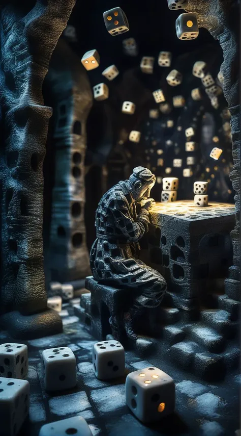 dice sculptor artist in a dark studio enigmatic dreamscape surrealistic <lora:dice:1>