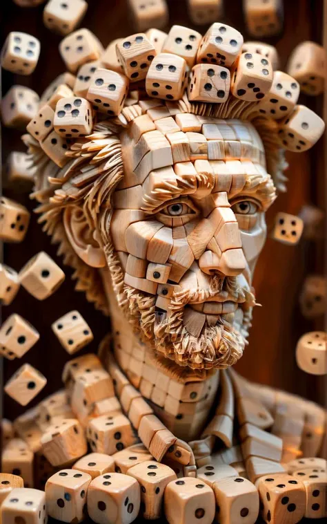 a photo portrait of 27yo Søren Kierkegaard made of wooden dice, bokeh background, closeup, <lora:dice:1>