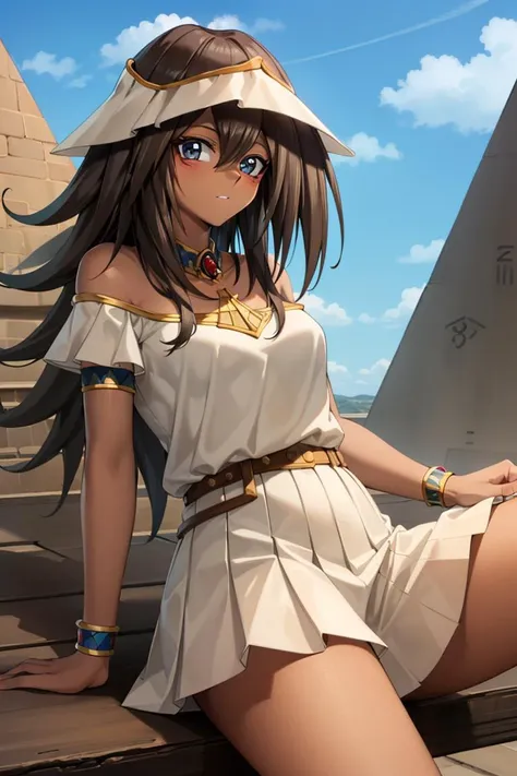 ((masterpiece,best quality)),
<lora:Mana_yugioh-09:0.8>,
mana, dark skin, (long hair:0.8), medium hair:1.5):1.0], white skirt, 
desert, pyramid \(structure\), cowboy shot,