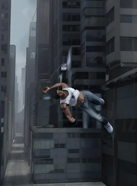 <lora:ps1retropoly:0.6> playstationretrov1 low poly 3D graphics of a skinny black man wearing white tank top and blue jeans falling off a skycrapper, daytime cityscape, scared expression