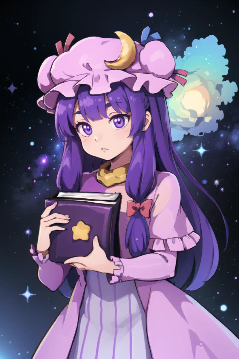 1girl,purple hair,purle eyes,long hair, mob cap,crescent hat ornament, ribbon,dress, <lora:patchouli:0.9>,
holding a purple book, <lora:FantasyIcons_Books:0.8>, glowing, star symbol, space, stars, planets, cosmos, nebula