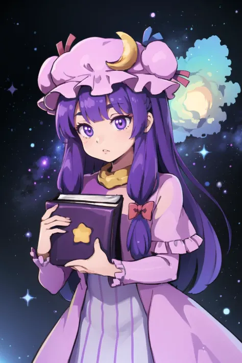 1girl,purple hair,purle eyes,long hair, mob cap,crescent hat ornament, ribbon,dress, <lora:patchouli:0.9>,
holding a purple book, <lora:FantasyIcons_Books:0.8>, glowing, star symbol, space, stars, planets, cosmos, nebula