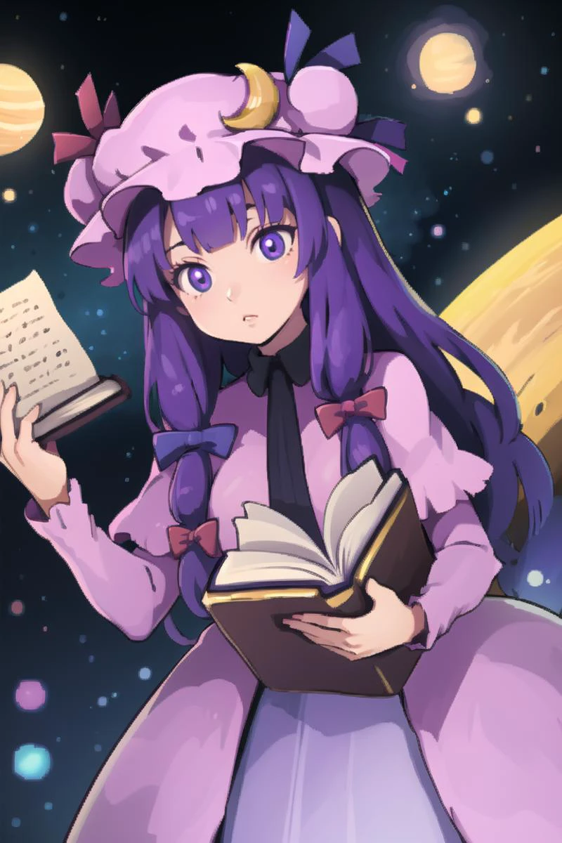 1girl,purple hair,purle eyes,long hair, mob cap,crescent hat ornament, ribbon,dress, <lora:patchouli:0.9>,
holding a purple book, <lora:FantasyIcons_Books:0.8>, glowing, star symbol, space, stars, planets, cosmos, nebula