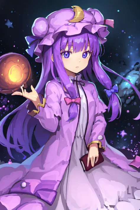 holding a purple book, <lora:FantasyIcons_Books:0.8>,  glowing, star symbol, space, stars, planets, cosmos, nebula,
1girl,purple hair,purle eyes,long hair, mob cap,crescent hat ornament, ribbon,dress, <lora:patchouli:0.9>,