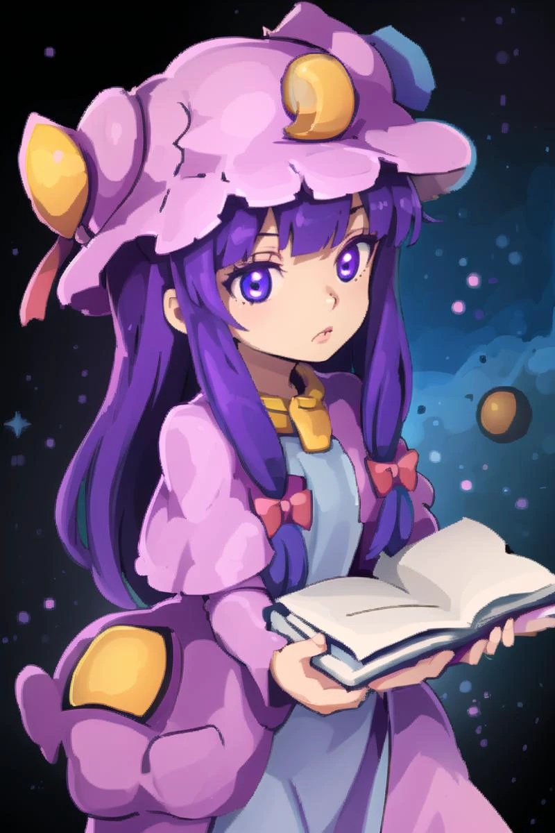 1girl,purple hair,purle eyes,long hair, mob cap,crescent hat ornament, ribbon,dress, <lora:patchouli:0.9>,
holding a purple book, <lora:FantasyIcons_Books:1>, glowing, star symbol, space, stars, planets, cosmos, nebula