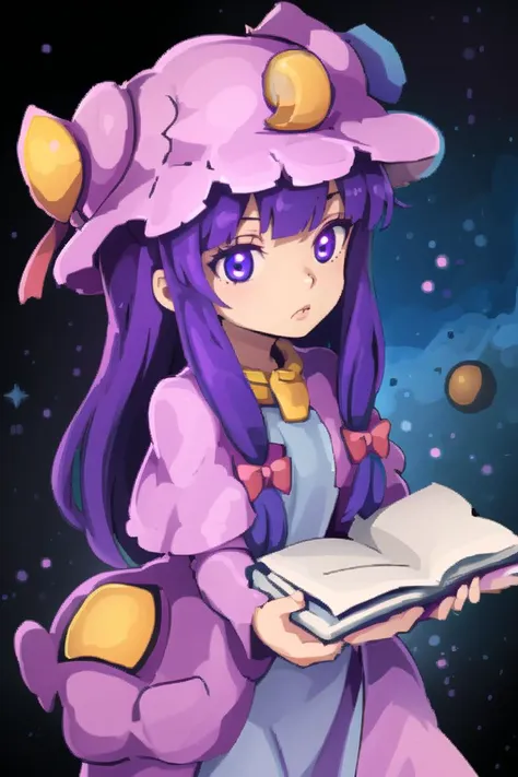 1girl,purple hair,purle eyes,long hair, mob cap,crescent hat ornament, ribbon,dress, <lora:patchouli:0.9>,
holding a purple book, <lora:FantasyIcons_Books:1>,  glowing, star symbol, space, stars, planets, cosmos, nebula