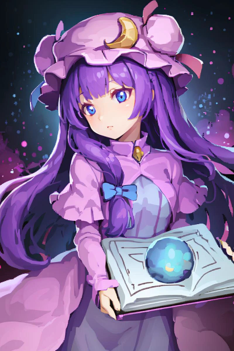 holding a purple book, <lora:FantasyIcons_Books:0.8>, glowing, star symbol, space, stars, planets, cosmos, nebula,
1girl,purple hair,purle eyes,long hair, mob cap,crescent hat ornament, ribbon,dress, <lora:patchouli:0.9>,