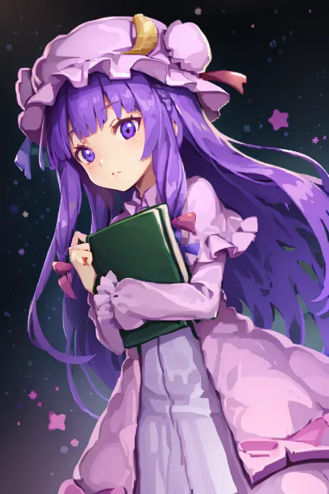 holding a purple book, <lora:FantasyIcons_Books:0.8>,  glowing, star symbol, space, stars, planets, cosmos, nebula,
1girl,purple hair,purle eyes,long hair, mob cap,crescent hat ornament, ribbon,dress, <lora:patchouli:0.9>,