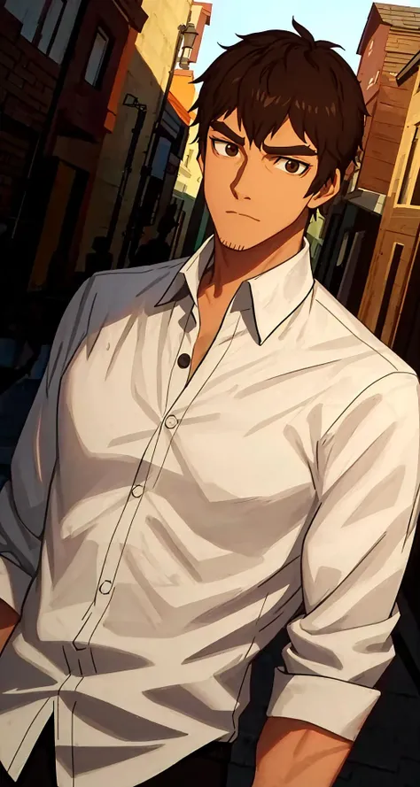 1male, davion,wide face,brown eyes,dutch angle,white shirt,street,masterpiece, best quality,upper body<lora:davion-5:1>