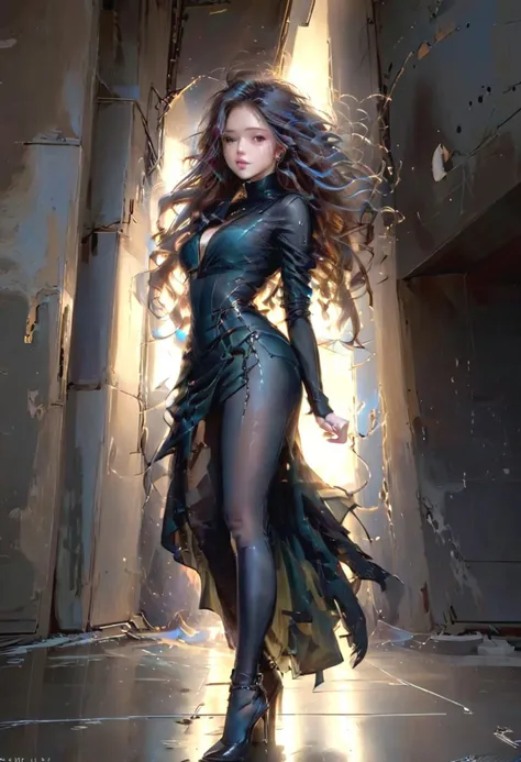 score_9, score_8_up, score_8_up, beautiful girl, futuristic model, wild playful hair, in an action spell-casting pose, summoning her magics, glowing light swirl in orbit around her, sly smile. Beautiful and dangerous atmosphere. Standing in the shadow of a wrecked building, water gushing like waterfalls from high up the building. A large partially shattered moon in the sky. From below. Resplendent spotlight highlighting, cinematic composition and lighting. Masterpiece. 8k. Very detailed.