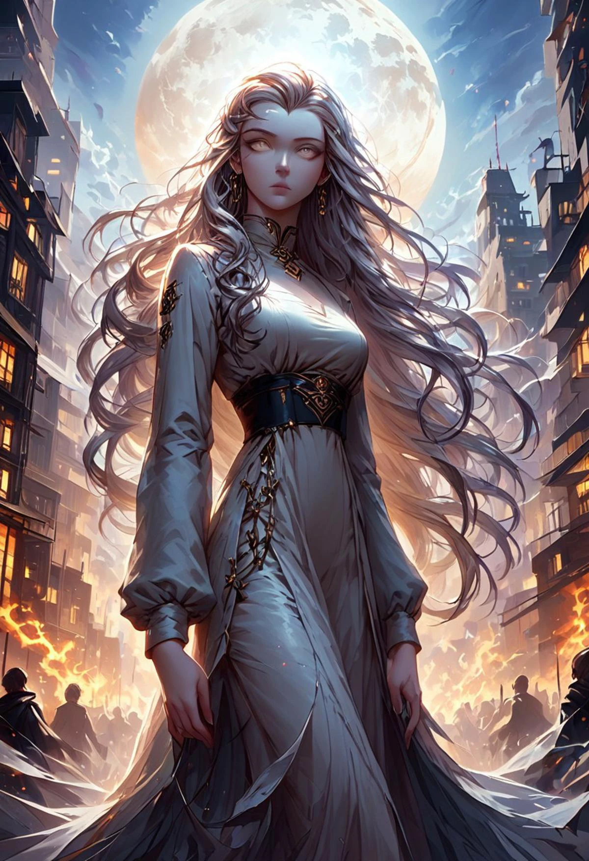 score_9, score_8_up, score_7_up,,
1girl, portrait, beautiful witch goddess floating above a city on fire, full body, flowing pale hair, summoning magical balls of multicoloured light, techno witch, luminescent sigils etched into her skin, (long hair:1.3), glowing, war paint, pale orange ombre skin, pale eyes, city on fire at night, moon large in the sky.
<lora:Fant5yP0ny:0.6> <lora:fantasy_world_pony:0.9> <lora:Cherry-Gig:0.55> (masterpiece), ((very detailed))