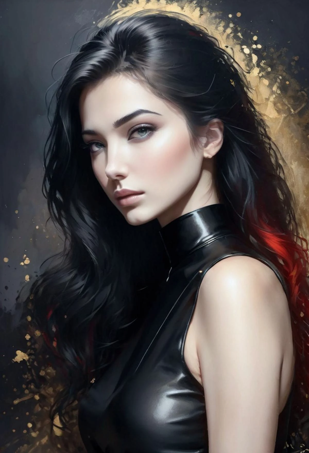a painting of a woman in black, confidence, sensuality, minimalistic silhouette , digital painting, figurative art, abstract painting , red black white, gold leaf highlights, brush strokes, mesmerizing blend, hybrid art styles, hand-drawn dry brush style. gradient, layered, bokeh, depth and dimension, noir, dark fantasy, grunge, dramatic contrasts, mystery, ambiguity, curves, provoking, seductive, sultry
<lora:donm1nn3rb34u7yxl:0.8> <lora:Artistic Image Enhancement v1.1 Lite:0.2> <lora:Pony_DetailV2.0:1.5>, art by Al Hirschfeld