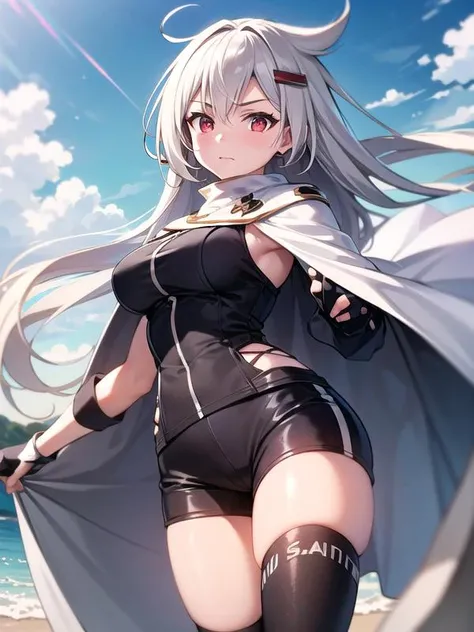 (hyper extreme detailed),(masterpeace),(hyper extreme),(photorealistic),CG,(colour:1.2), beautiful lighting,light from the front,official art, solo,1girl,standing, looking at viewer,outdoor,beach, <lora:Montpelier:0.95>,montpelier \(azur lane\),bike_shorts, black Thighhighs, hair_ornament, hairclip,multicolored clothes, shorts, red eyes, black fingerless gloves,white cape,Bouncing Hair,white hair,long hair, hotpants