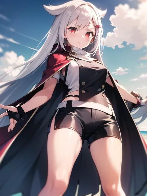(hyper extreme detailed),(masterpeace),(hyper extreme),(photorealistic),CG,(colour:1.2), beautiful lighting,light from the front,official art, solo,1girl,standing, looking at viewer,view straight on,outdoor,beach, <lora:Montpelier:0.95>,montpelier \(azur lane\),bike_shorts, black Thighhighs, hair_ornament, hairclip,multicolored clothes, shorts, red eyes, black fingerless gloves,white cape,Bouncing Hair,white hair,long hair,