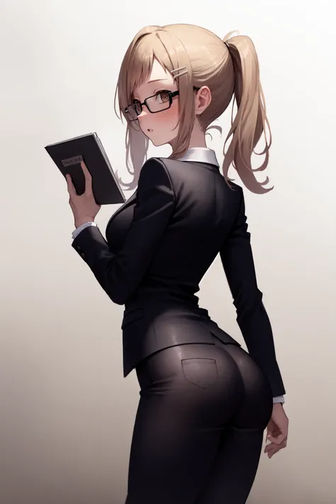 <lora:sakuragi mano:1>, sakuragi mano, 1girl, ass, solo, glasses, pants, looking back, black pants, looking at viewer, hairclip, suit, formal, hair ornament, from behind, brown eyes, black jacket, pantylines, blush, clipboard, jacket, gradient background, light brown hair, black-framed eyewear, ponytail, gradient, long sleeves, sidelocks, holding, bangs, shirt, brown background, long hair, parted lips