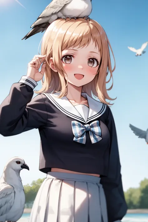 <lora:sakuragi mano:1>, sakuragi mano, 1girl, bird, plaid, skirt, school uniform, plaid bow, pigeon, bow, on head, brown eyes, smile, sailor collar, solo, plaid bowtie, animal on head, shirt, black shirt, serafuku, animal, blush, open mouth, white background, plaid skirt, pleated skirt, long sleeves, bowtie, white sailor collar, blue bow, light brown hair, simple background, :d, medium hair, brown hair, too many, bird on head, bangs, looking at viewer, blurry, blue sky,