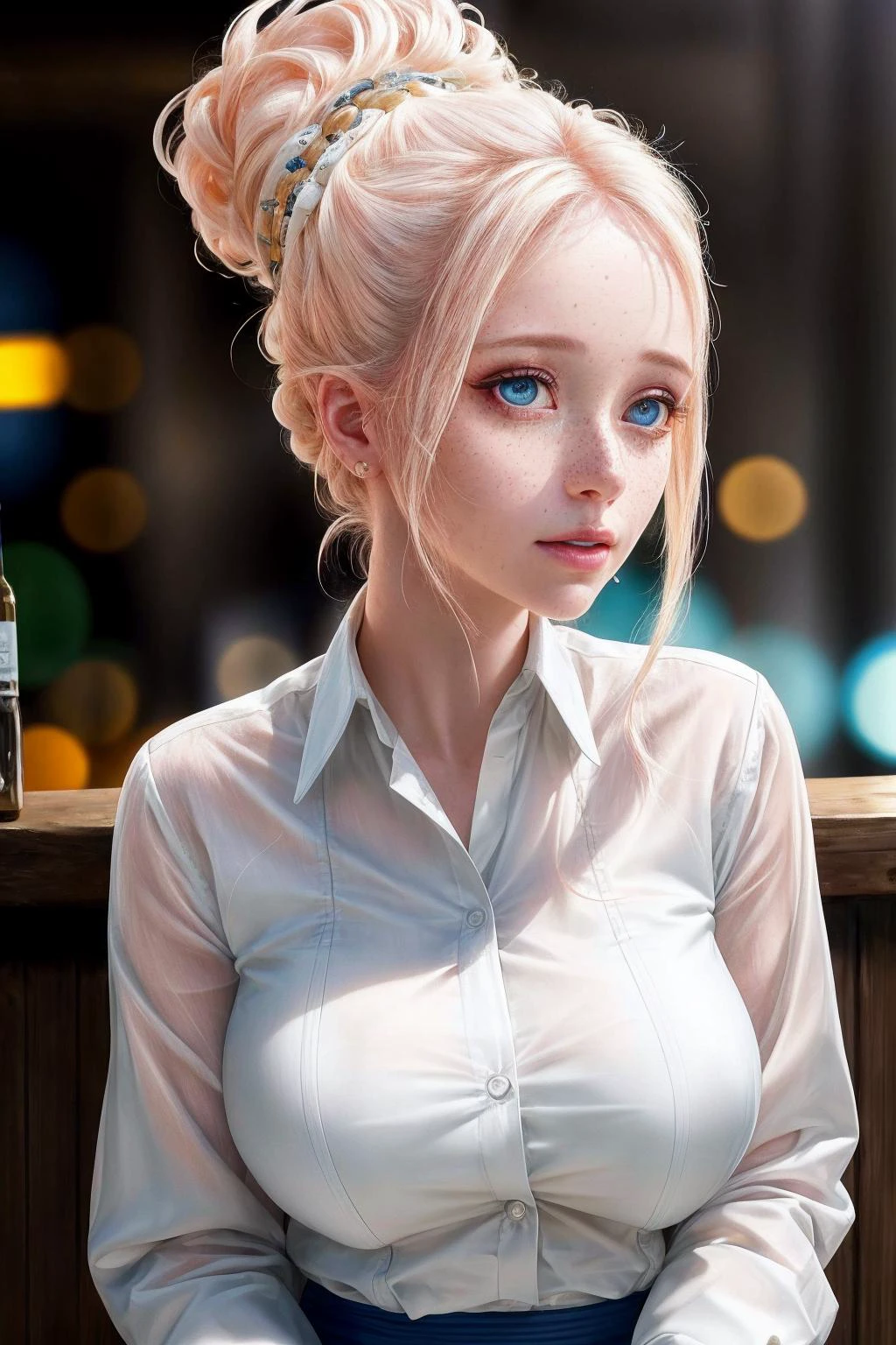 (extreme closeup:1.3) portrait albino woman upsweep updo button shirt large freckles at a cantina sitting bar (masterpiece:1.5) (photorealistic:1.1) (bokeh) (best quality) (detailed skin texture pores hairs:1.1) (intricate) (8k) (HDR) (wallpaper) (cinematic lighting) (sharp focus)
<lora:add_detail:1>