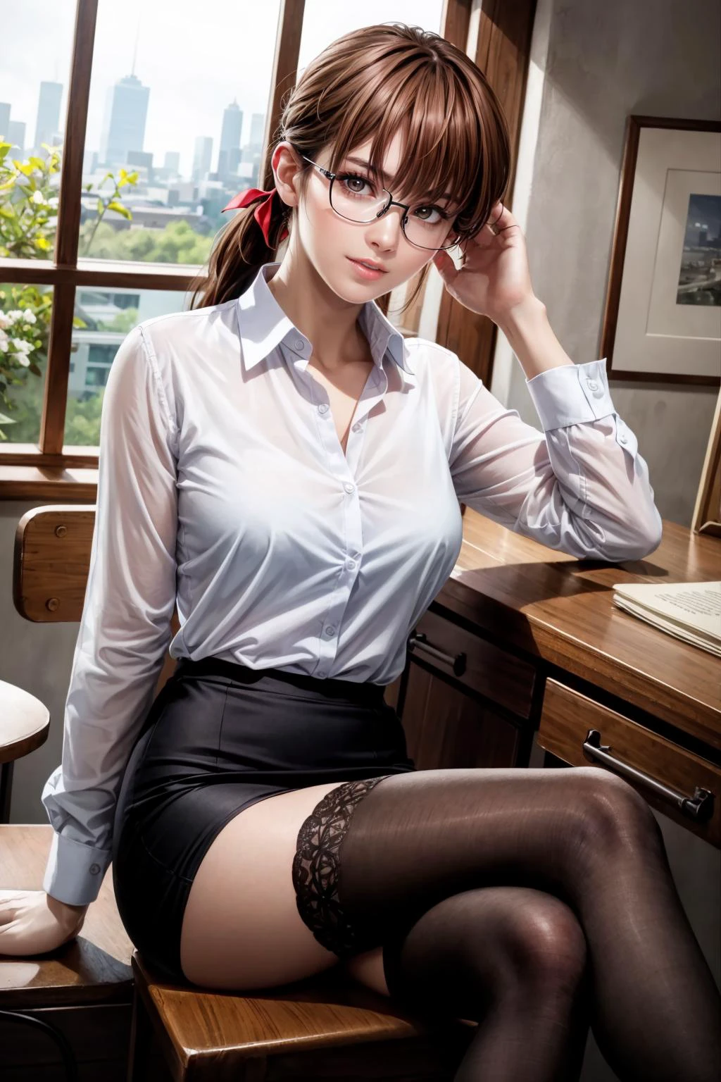 best quality, perfect face, intricate, beautiful scenery, ultra realistic 8k CG,perfect artwork, 1girl, kasumi, solo, 20 y.o, medium breasts, beautiful skin, beautiful legs, beautiful face, beautiful body, pony tail, office lady, white blouse, black pencil skirt, stockings, heels, glasses, indoor, night, depth of field, looking at viewer, :D, model shot, low angle, sitting, crossed legs <lora:doa_kasumi-v2:0.5>, <lora:flat:-0.5>