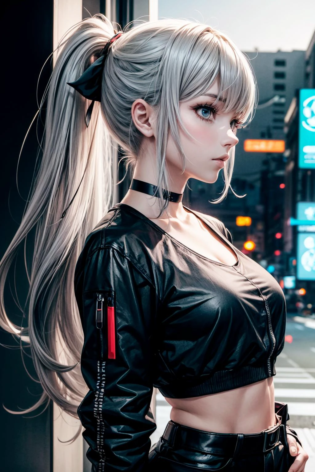 1girl, grey hair, long hair, bangs, ponytail, choker, cyberpunk_anime,
<lora:add_detail:1>