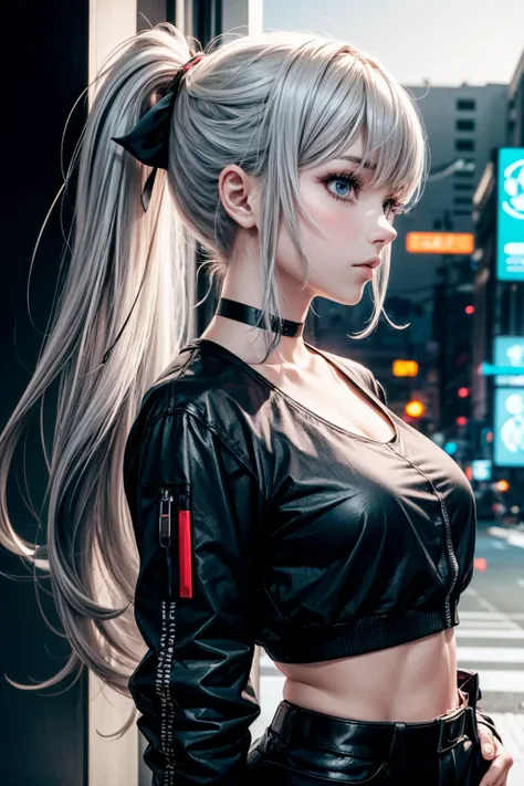 1girl, grey hair, long hair, bangs, ponytail, choker,  cyberpunk_anime,
 <lora:add_detail:1>