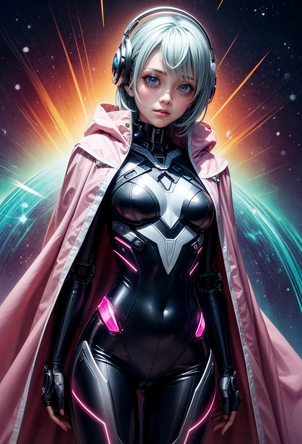 Female Cybernetic Illusionist: An illusionist with cybernetic eyes that project mesmerizing holographic illusions, an optical camouflage cloak, and an AI-assisted showmanship module.,Mesmeric Bodysuit,Aurora Borealis Helmet, Opal White Greaves, and Iridescent Glitter Inlays,Rose Pink Cape with Crystal Teardrops: Crystal teardrops hang from the hem of the cape, reflecting light in a rainbow of colors., synthwave
<lora:add_detail:1.0>