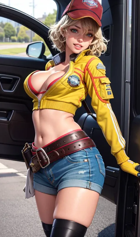 1girl,mature, extremely detailed, masterpiece, best quality, smile,teeth,huge breast, wide hip, 
<lora:cindy-nvwls-v2:1> ,cindy aurum,baseball cap, cropped jacket, cleavage, orange bra, black gloves, belt, denim shorts, black stockings, white boots,
