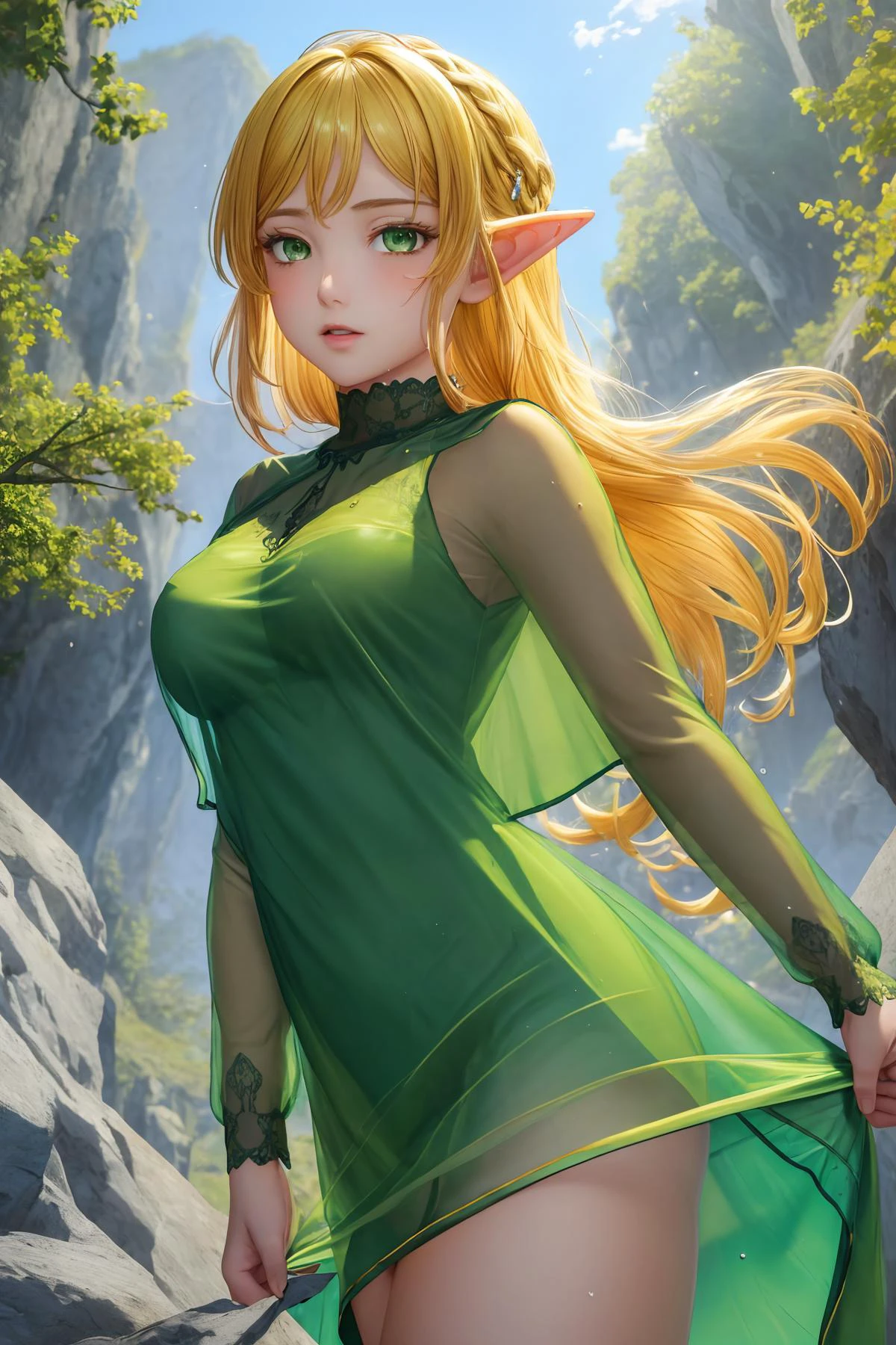 ((masterpiece)), ((best quality)), illustration, absurdres, 1girl, sole, SUI, elf ear, yellow hair, fascinating viewer, loose braid, (wet translucent green dress, detailedwetclothes, see- through:1.2), green eyes, medium breasts, focus sharp, enchanting expressionless, red jewelry hair accessories, detailed eyes description, outdoor, gymnastics dance, forest, shallow water, fantasy, hyper detailed. <lora:Sui_yesmix:0.5> <lora:add_detail:0.5>