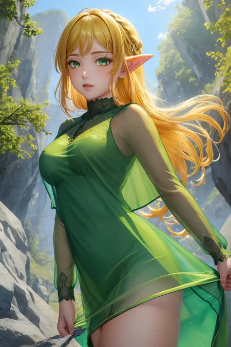 ((masterpiece)), ((best quality)), illustration, absurdres, 1girl, sole, SUI, elf ear, yellow hair, fascinating viewer, loose braid, (wet translucent green dress, detailedwetclothes, see- through:1.2), green eyes, medium breasts, focus sharp, enchanting expressionless, red jewelry hair accessories, detailed eyes description, outdoor, gymnastics dance, forest, shallow water, fantasy, hyper detailed.  <lora:Sui_yesmix:0.5> <lora:add_detail:0.5>