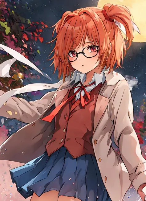 ((best quality)), ((highly detailed)), extremely detailed face, beautiful face, , <lora:more_details:.2>, (1girl), (glasses), from the front, cowboy shot, very wide shot, <lora:ddlc-10:1>, Natsuki, pink eyes, pink hair, short hair, bangs, swept bangs, hair ornament, hairclip, hair ribbon, two side up, blush, pouty lips, small , school uniform, jacket, neck ribbon, red ribbon, shirt, long sleeves, blazer, blue skirt, white shirt, skirt, pleated skirt, white kneehighs, reading a manga, (outdoors, stars, galaxies, space, asteroids, evening, night sky, stars, broken moon, shooting star, hurricane), <lora:Ghibli Style:.75>, ghbl_style