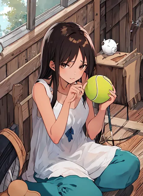 ((best quality)), ((highly detailed)), masterpiece, extremely detailed face, beautiful face, , (1girl), from the front, dynamic pose, cowboy shot, ((wide shot)), (lion girl), lion ears, lion mane, royalty, long hair, (black hair), ((dark skin)), amber eyes, small breasts, athletic, royal purple fur-trimmed gown, maxidress, tiara, (outside, on a tennis court, dawn), <lora:Ghibli Style:.75>, ghbl_style