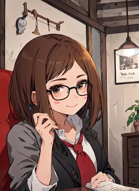((best quality)), ((highly detailed)), masterpiece, extremely detailed face, beautiful face, , (1girl), (glasses), <lora:slim_tall-plump_short:1.25>, dynamic pose, upper body, <lora:ochakoUrarakaMHA_v10:1>, Ochako, blush stickers, short hair, brown hair, sidelocks, brown eyes, smile, school uniform, (green skirt, pleated skirt), white collared shirt, (red necktie), black pantyhose, jacket, (grey jacket), (indoors, on a space station, space, stars), <lora:Ghibli Style:.65>, ghbl_style