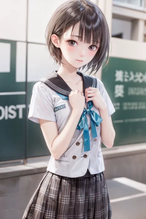 (masterpiece, best quality:1.2), <lora:bluereflection_shirai-11:0.8>, cowboy shot, solo, 1girl, shirai hinako, expressionless, closed mouth, looking at viewer, own hands together, school uniform, serafuku, plaid skirt