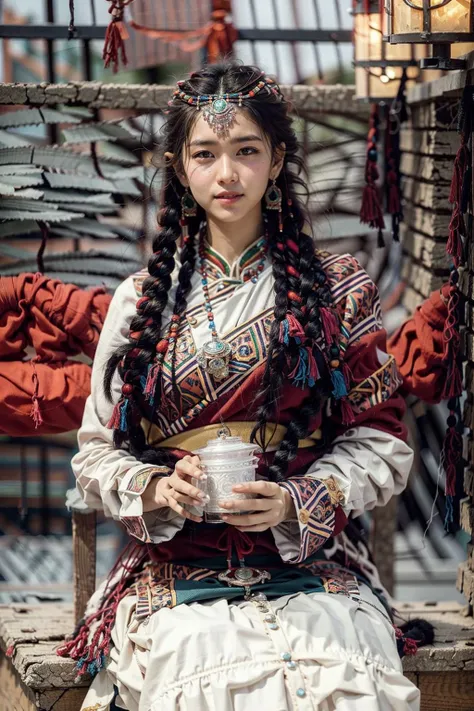 (realistic:1.3), finely detailed, quality, rembrandt lighting, (masterpiece:1.2), (photorealistic:1.2), (best quality), (detailed skin:1.3), (intricate details), dramatic, ray tracing, 1girl, tibetan girl, 21 years old, detailed skin texture, (blush:0.5), (goosebumps:0.5), subsurface scattering, smiling, medium breasts, very long hair, bangs, hair between eyes, hair accessories, jewelry, tibet, full body, (indoors, bright sunny day, tibetan decorations, lhasa),  <lora:tibet:0.8>