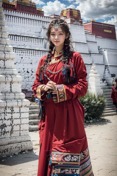 (realistic:1.3), finely detailed, quality, rembrandt lighting, (masterpiece:1.2), (photorealistic:1.2), (best quality), (detailed skin:1.3), (intricate details), dramatic, ray tracing, 1girl, tibetan girl, 21 years old, detailed skin texture, (blush:0.5), (goosebumps:0.5), subsurface scattering, smiling, medium breasts, very long hair, bangs, hair between eyes, hair accessories, jewelry, tibet, full body, (outdoors, bright sunny day, potala palace in background, lhasa), <lora:tibet:0.8>