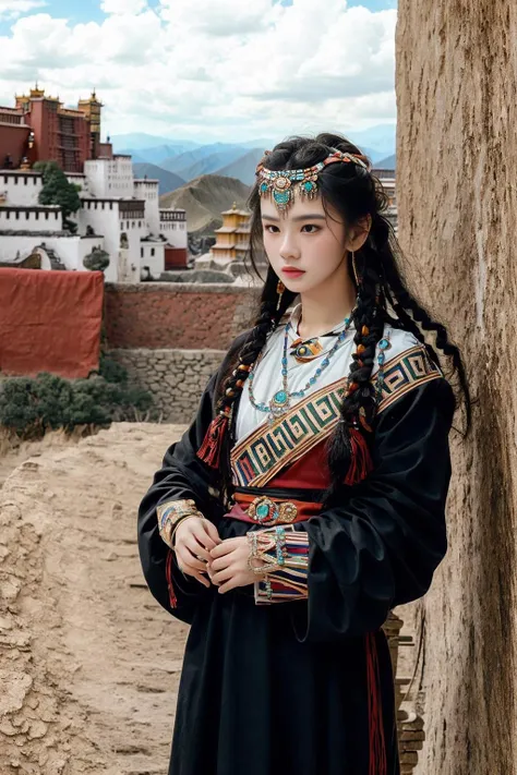 masterpiece, best quality, 8k, film gain, pale skin, texture skin, side lighting, cowboy shot, Hair tie, (1girl:1.3), long hair, clavicle, (jewelry:1.3), bracelet, particles, butterfly, outdoors, chinese ancient architecture, tree, leather, nice hands, looking at viewer,
<lora:tibet:0.8>, tibet,