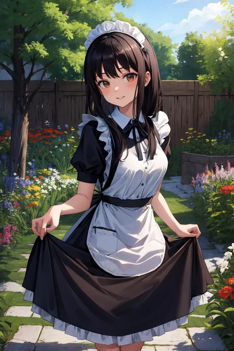 masterpiece, best quality, highres, aatakina, long hair, black hair, <lora:inoue_takina_v1:0.7>, maid, maid headdress, smile, skirt hold, garden,