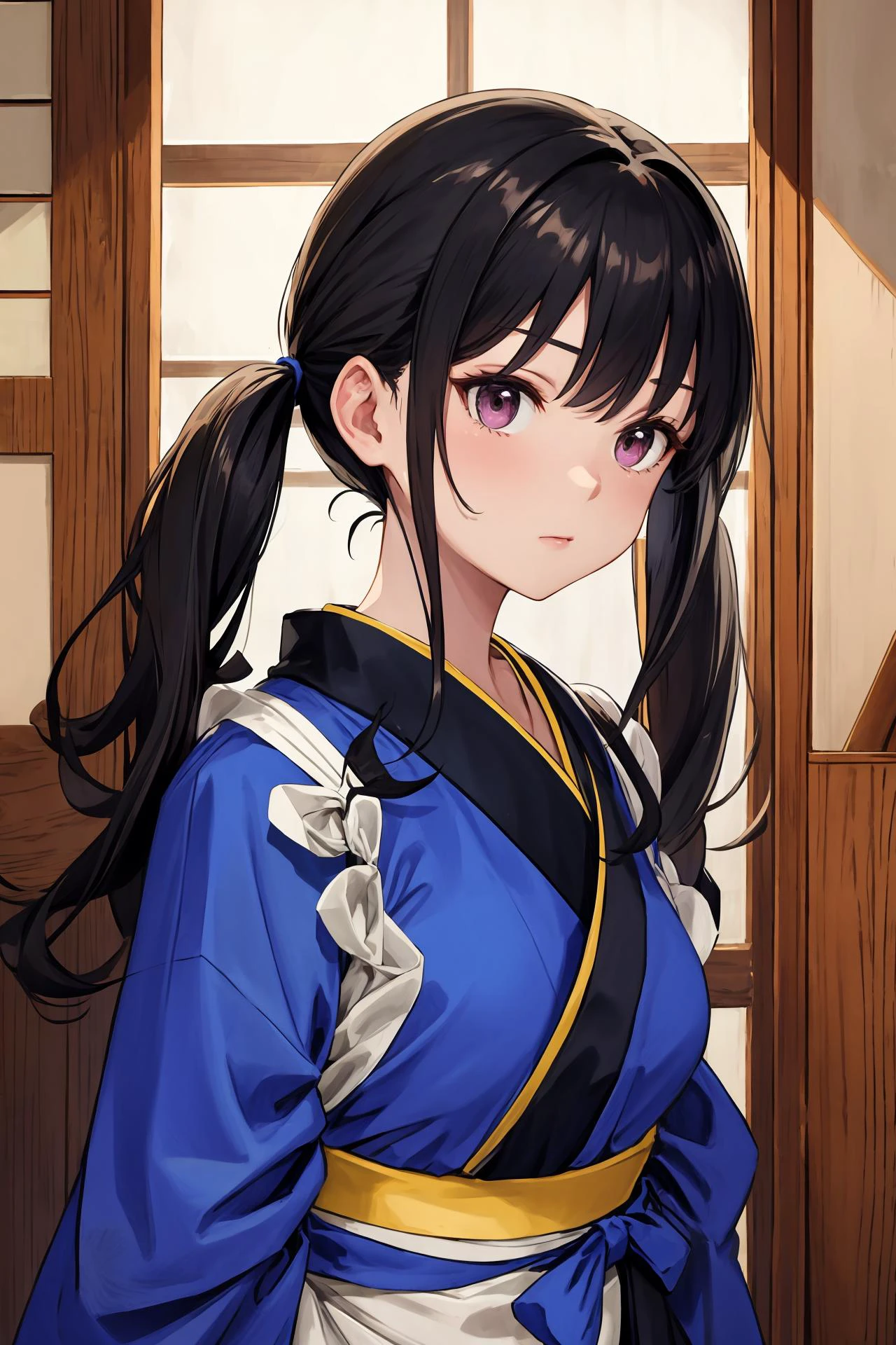 masterpiece, best quality, highres, aatakina, long hair, twintails, black hair, breasts, japanese clothes, (blue kimono:1.2), tasuki, long sleeves, sash, (brown apron:1.2), <lora:inoue_takina_v1:0.7>,
, close portrait, upper body