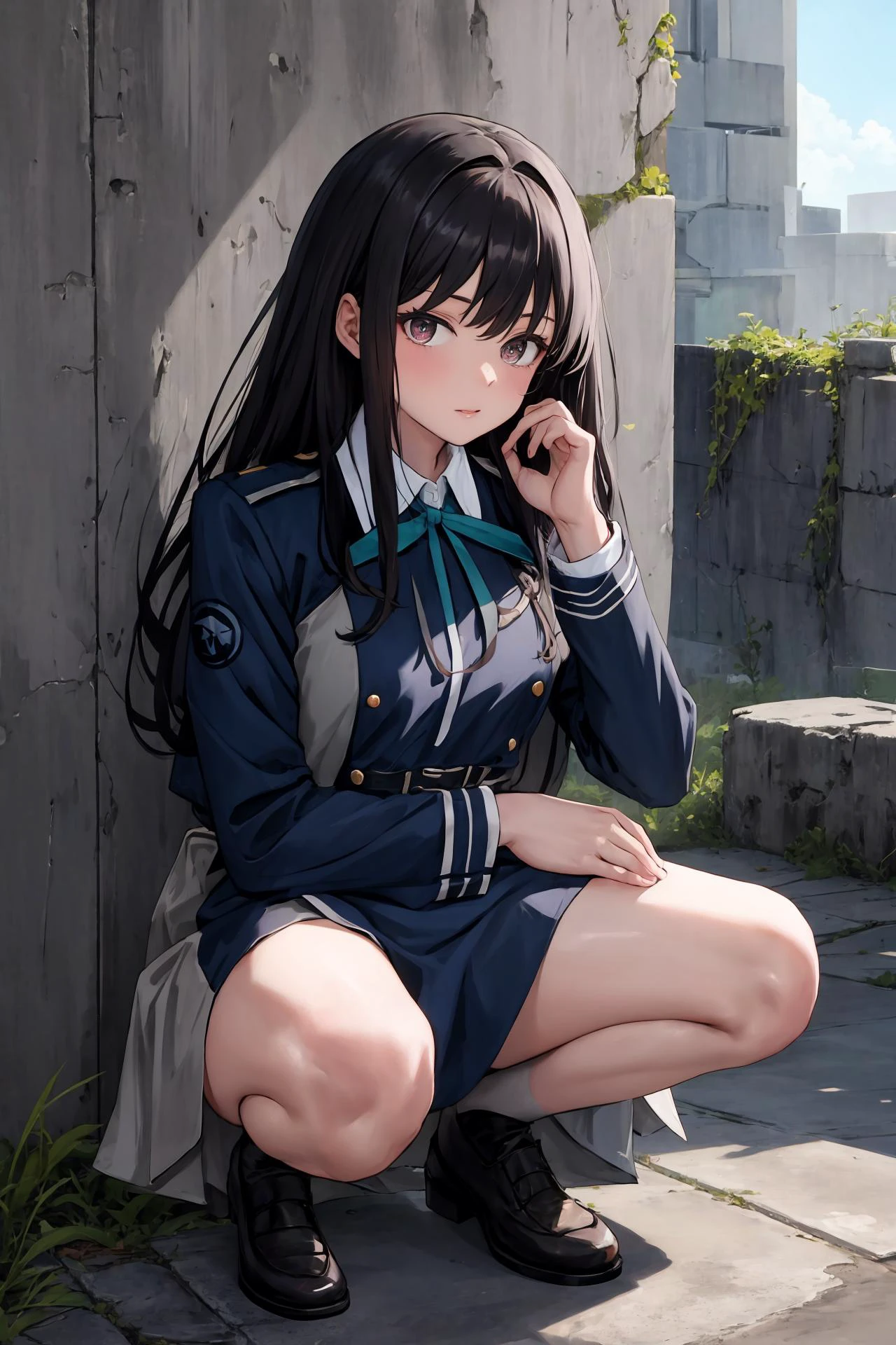 masterpiece, best quality, highres, aatakina, long hair, black hair, breasts, neck ribbon, collared shirt, lycoris uniform, two-tone dress, blue dress, grey dress, long sleeves, belt, <lora:inoue_takina_v1:0.7>, ruins, squatting, wall, looking the viewer